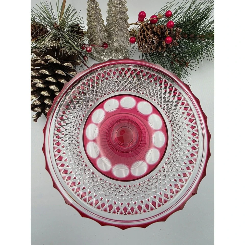 Vintage Cranberry Flash Glass Compote 6